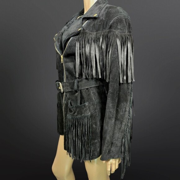 Vintage 90s Black Fringed Seuede Leather Jacket Belted Size M Boho Western Biker - Picture 5 of 12